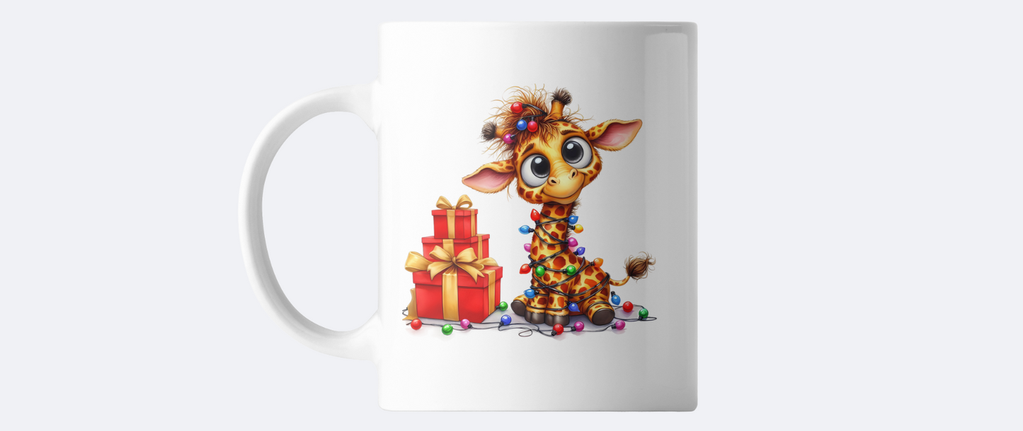 Giraffe with Christmas lights coffee mug
