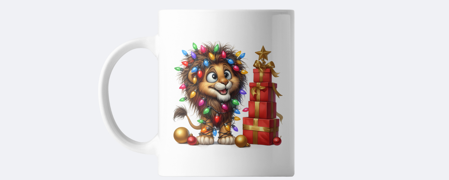 Lion with Christmas lights coffee mug