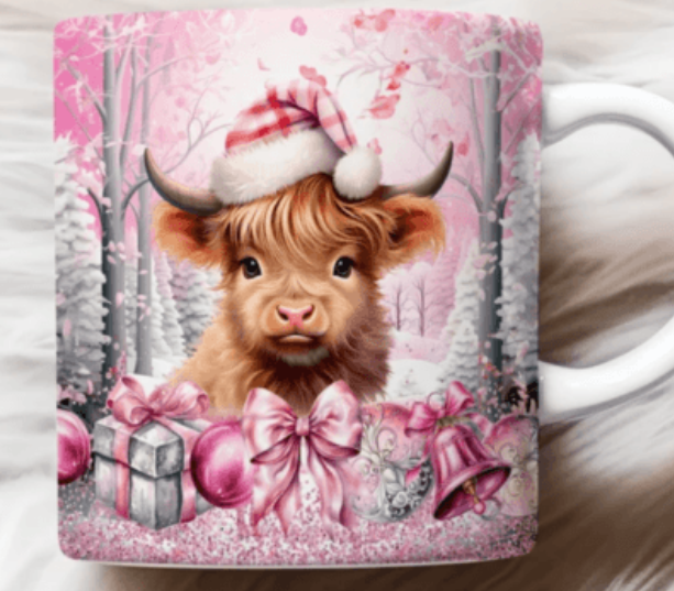 Pink Christmas highland cow coffee mug