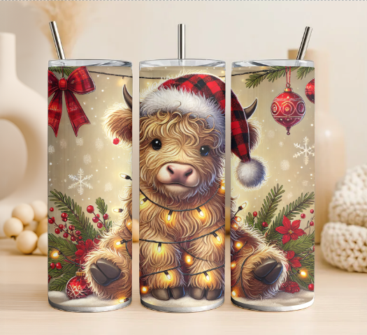 Highland cow with Christmas lights 20oz steel tumbler