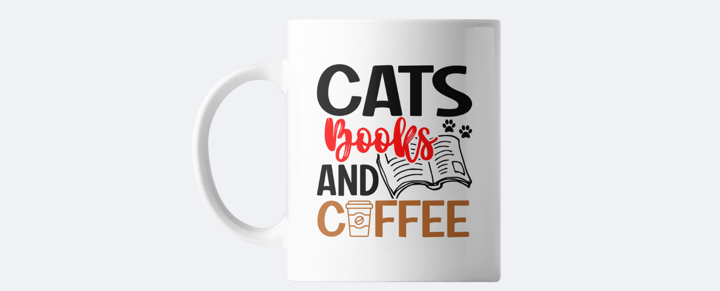 Cats books and coffee mug