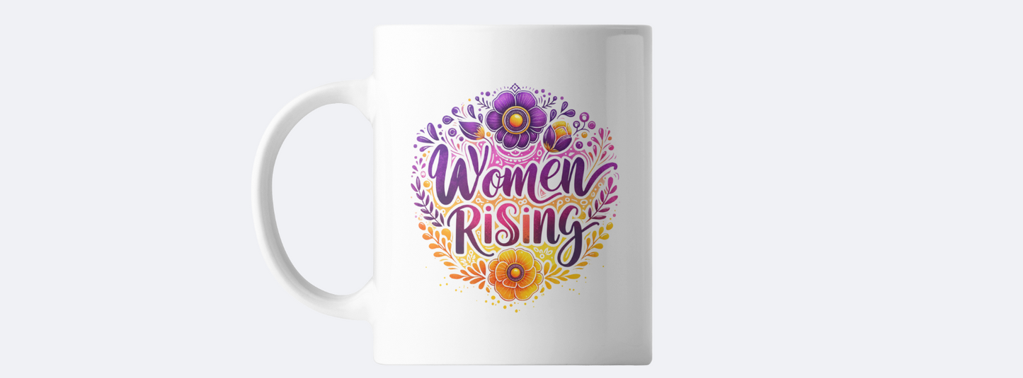 Women rising coffee mug