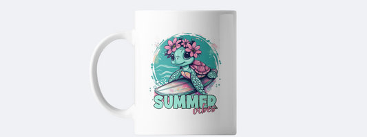 Summer vibes surfing turtle coffee mug