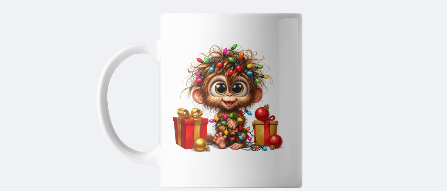 Monkey with Christmas lights coffee mug