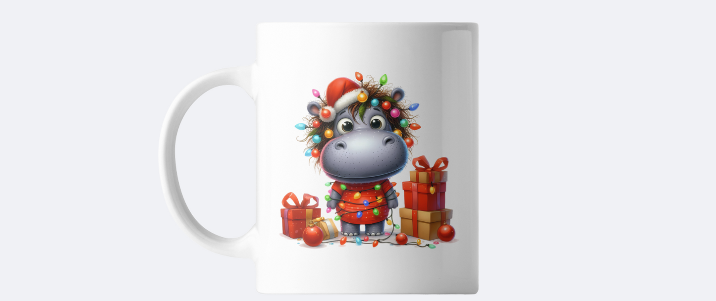 Hippo with Christmas lights coffee mug