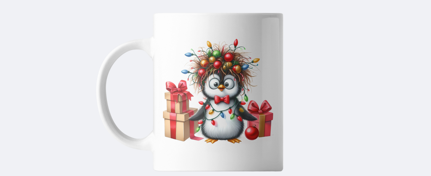 Penguin with Christmas lights coffee mug