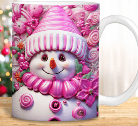 Pink snowman ceramic coffee mug