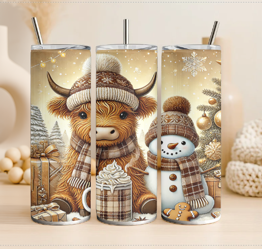 Highland cow and snowman 20 oz steel tumbler